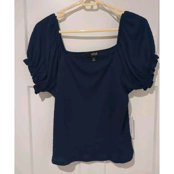 ANA Tops - ANA Navy NWT Square Neck Puff Short Sleeve Medium Crinkle Material With Stretch